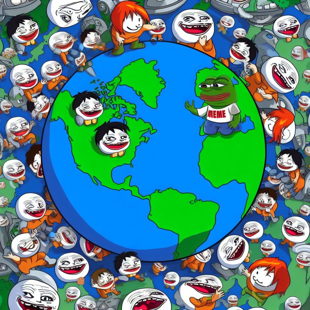 “Earth illustration surrounded by meme characters, symbolizing the diverse global origins of memes, topic of our latest blog article.”