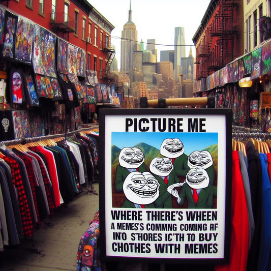 The image shows a clothing store with a meme on a sign. The background has a cityscape with skyscrapers. The store sign says “Dress in Memes! Your Guide to Buying Meme Clothing”.